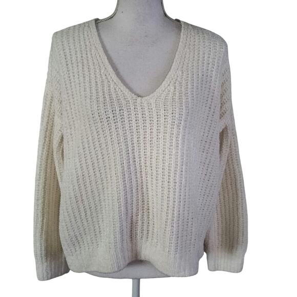 Express Size XS Cropped V Neck Sweater Chenille Ribbed Knit Ivory Oversized Boxy - Picture 1 of 3